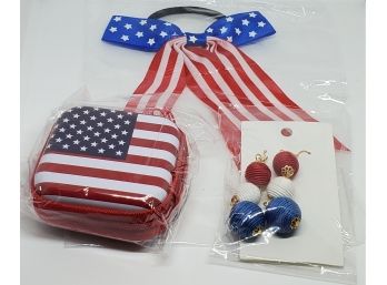 USA Flag Coin Purse, Hair Bow, And Dangle Earrings