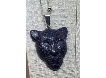 Blue Goldstone Leopard Head Pendant With Stunning Stainless Steel Chain