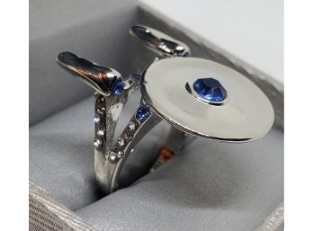 Awesome Star Trek Enterprise Ring In Silver Tone With Blue & White Stones