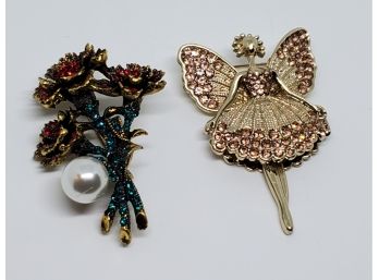 2 Stunning Multi Color Austrian Crystal Broaches In Gold Tone