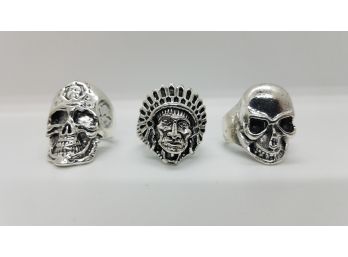 Lot Of 3 Silvertone Size 10 Biker Rings ~ Native American Chief ~ 2 Different Skulls