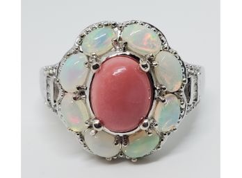 Oregon Peach Opal, Welo Opal Flower Ring In Platinum Over Sterling