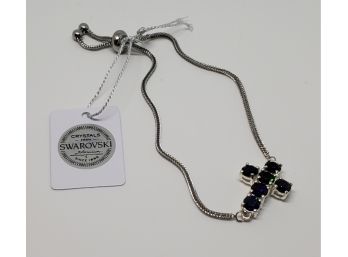 Side Cross Bolo Bracelet In Sterling & Stainless With Dark Indigo Swarovski Crystals
