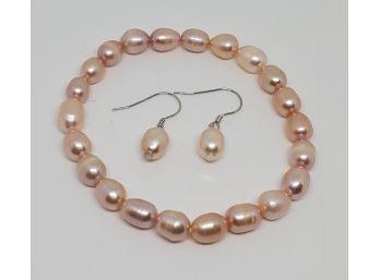Freshwater Peach Pearl Stretch Bracelet & Earrings In Sterling