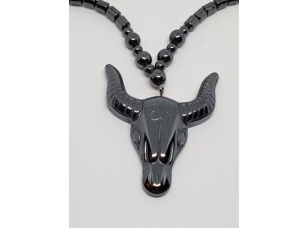 Longhorn Bull Pendant Necklace In Beaded Hematite & Silver Tone
