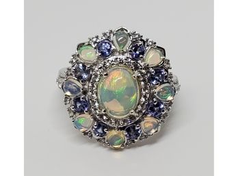 Beautiful Ethiopian Opal, Tanzanite & Gemstone Floral Halo Ring In Platinum Over Sterling