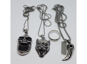 Lot Of 3 Men's Stainless Steel Pendant Necklaces & Ring
