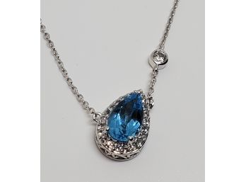 Swiss Blue Topaz, White Topaz Necklace In Platinum Over Sterling