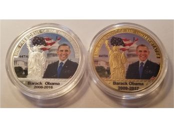 Lot Of (2) Brand New Uncirculated Silver Tone & Gold Tone Barack Obama American Eagle Commemorative Coins