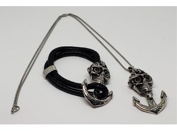 Leather & Stainless Steel Nautical Skull Bracelet & Pendant Necklace