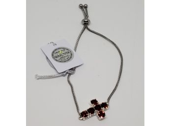 Side Cross Bolo Bracelet In Sterling & Stainless With Scarlet Swarovski Crystals