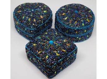 Set Of 3 Handcrafted Beaded Small Trinket Boxes