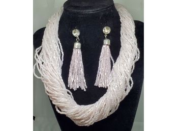 Shiny White Beaded Necklace & Earrings