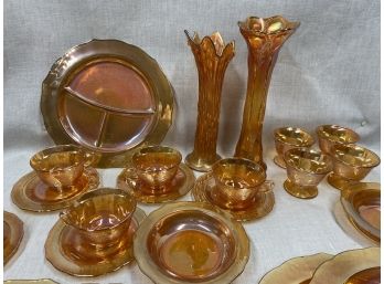 Orange Carnival Glass Lot, Tea Set, Vases, Plates, Fruit Bowls, Etc