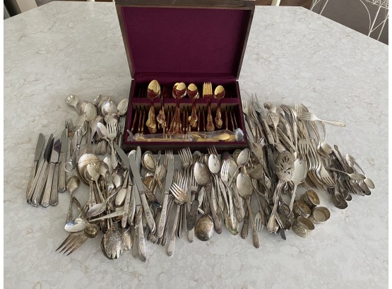 Huge Lot Of Old Silver Plated Flatware & Gold Plated Set