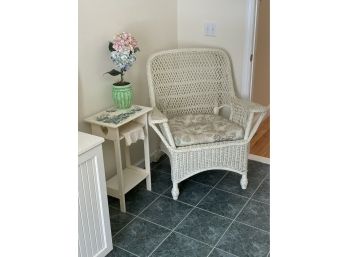White Wicker Chair , Painted Table & Planter Lot