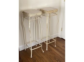 Pair Of Wrought Iron Pedestals With Rattan Tops