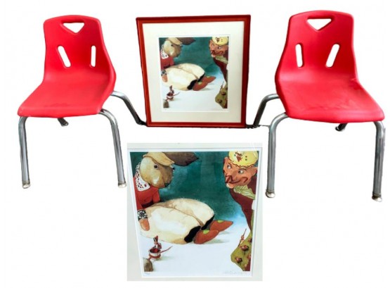 Signed Children's Print And Pair Of Red Children's Chairs