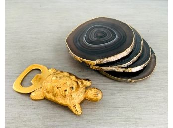 Set Of 4 Agate Coasters And Turtle Bottle Opener