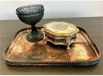 Silver Tray, Box And Lovely Marimeko Footed Bowl