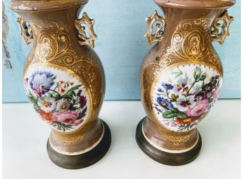 Pair Of Floral Painted Vintage Lamps