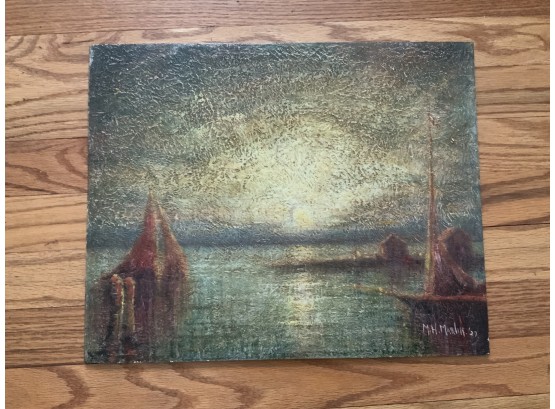 ~ On The River ~ Vintage Painting On Wood 1928 Marlow Marlin