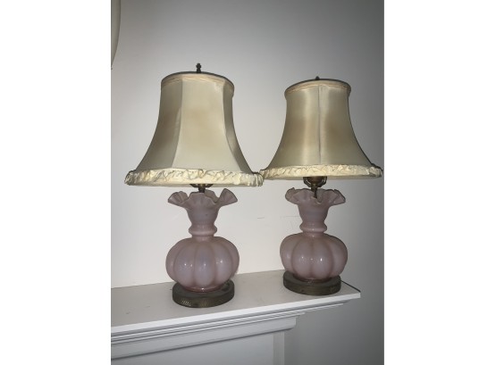 Beautiful Vintage Pink Glass Ruffled Lamps - Need Rewiring -
