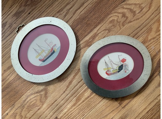 Pair Of Antique Oval Ship Watercolors