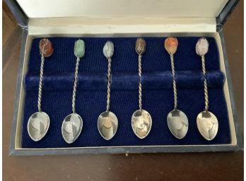 Stunning Set Of 6 Semi Precious Demitasse Spoons By Embalagem