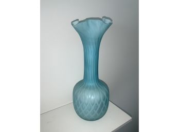 Vintage Blue Fenton Diamond Optic Satin Cased Art Glass Vase