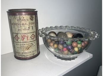 Antique Tin Filled With Antique Marbles
