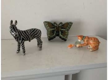 Trio Of Great Enamel Boxes - Butterfly, Cat And Zebra