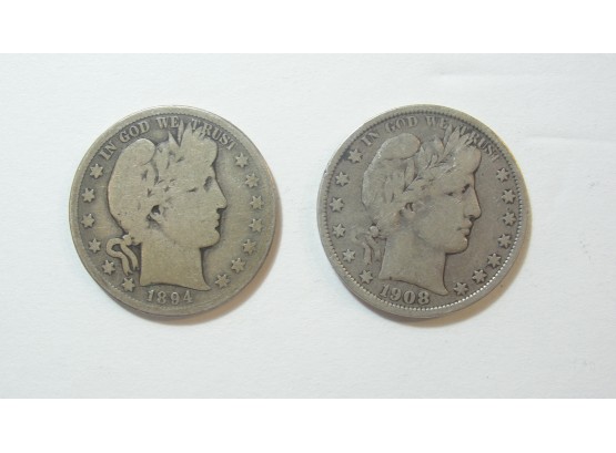 Lot Of (2) Silver Barber Half Dollars -1894 S & 1908 O