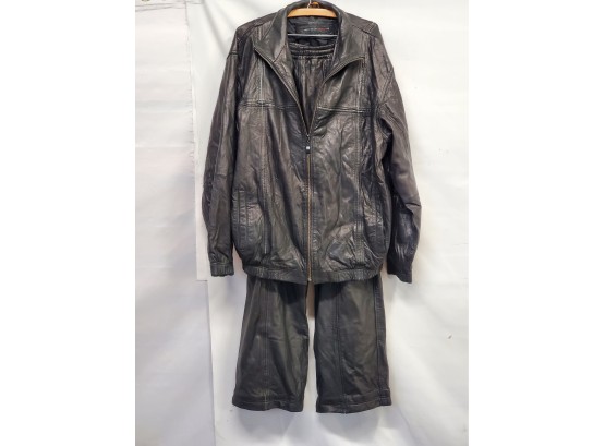Vintage Perry Ellis America Men's Black Leather 'Track Suit'  Jacket & Pants - Size XXL