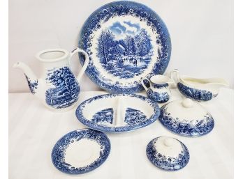 Vintage Churchill England Currier & Ives Blue Transferware Mixed Dinner & Serving Pieces - Made In England