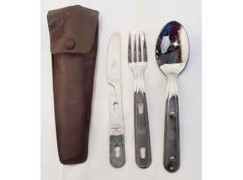 Vintage Boy Scouts Of America BSA Imperial Stainless 3 Pc Mess Kit Flatware Set And Plastic Sleeve