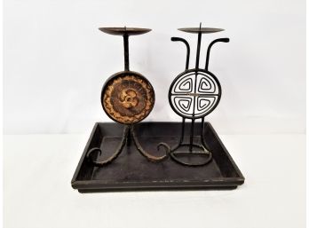 Two Southwestern Wrought Iron Pillar Candle Holders With Wooden Tray