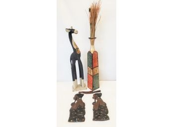 Tribal Decorative Lot - Two Wood Carved Wall Plaques Made In Ghana, Tribal Decorative Knife & More