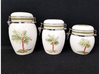 Three Gibson Elite Ceramic Handpainted Coconut Tree Kitchen Canisters