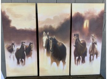 Artwork - 3 Panels Horses On Canvas - New