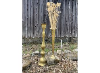 Two Exquisite Standing Brass Floral Holders - 45' And 38' High
