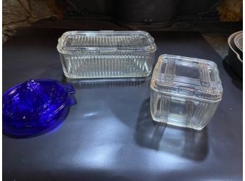 Vintage Cobalt Blue Juice Reamer And Two Federal Glass Refigerator Containers