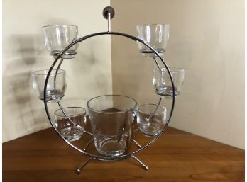 Midcentury MCM Glass Bar Glasses Carousel-6 Tumblers, 1 Ice Bucket/tongs