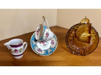 Royal Crafton Bone China Teac Cup/Saucer And Carnival Glass Style Tea Cup/Saucer Plus Creamer
