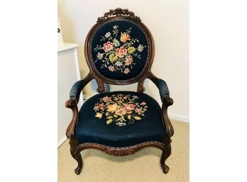 Incredible Walnut Victorian Armed Parlor Chair With Needlepoint Upholstery