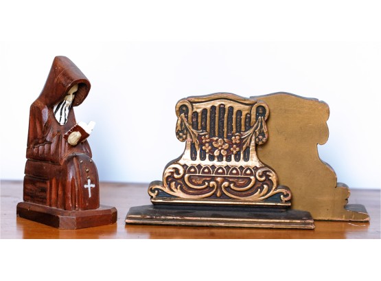 Pair Of C 1930's Bookends And A Carved Monk