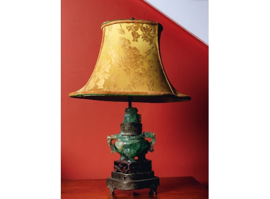 Chinese Green Quartz Censer On Stand Converted Into A Table Lamp