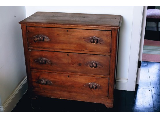 Pine (3) Drawer Dresser With Carved Walnut Pulls