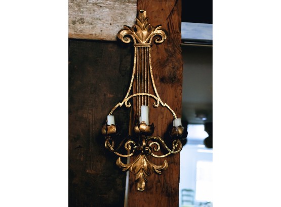 Pair Of Gilt Wrought Iron (3) Light Wall Sconces