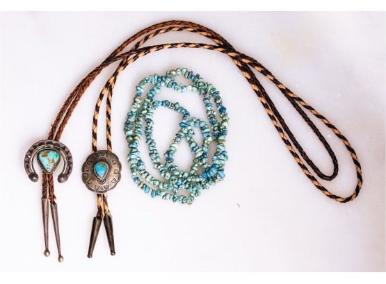 (2) Early Southwestern Bolo Ties And A Turquoise Necklace
